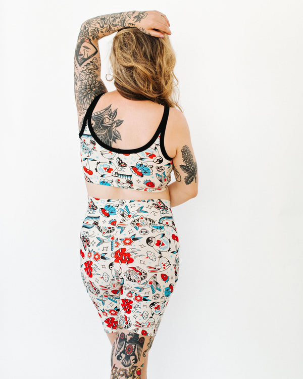 Side view of Inked Up High Rise Bike Shorts showing fit and waistband detail
