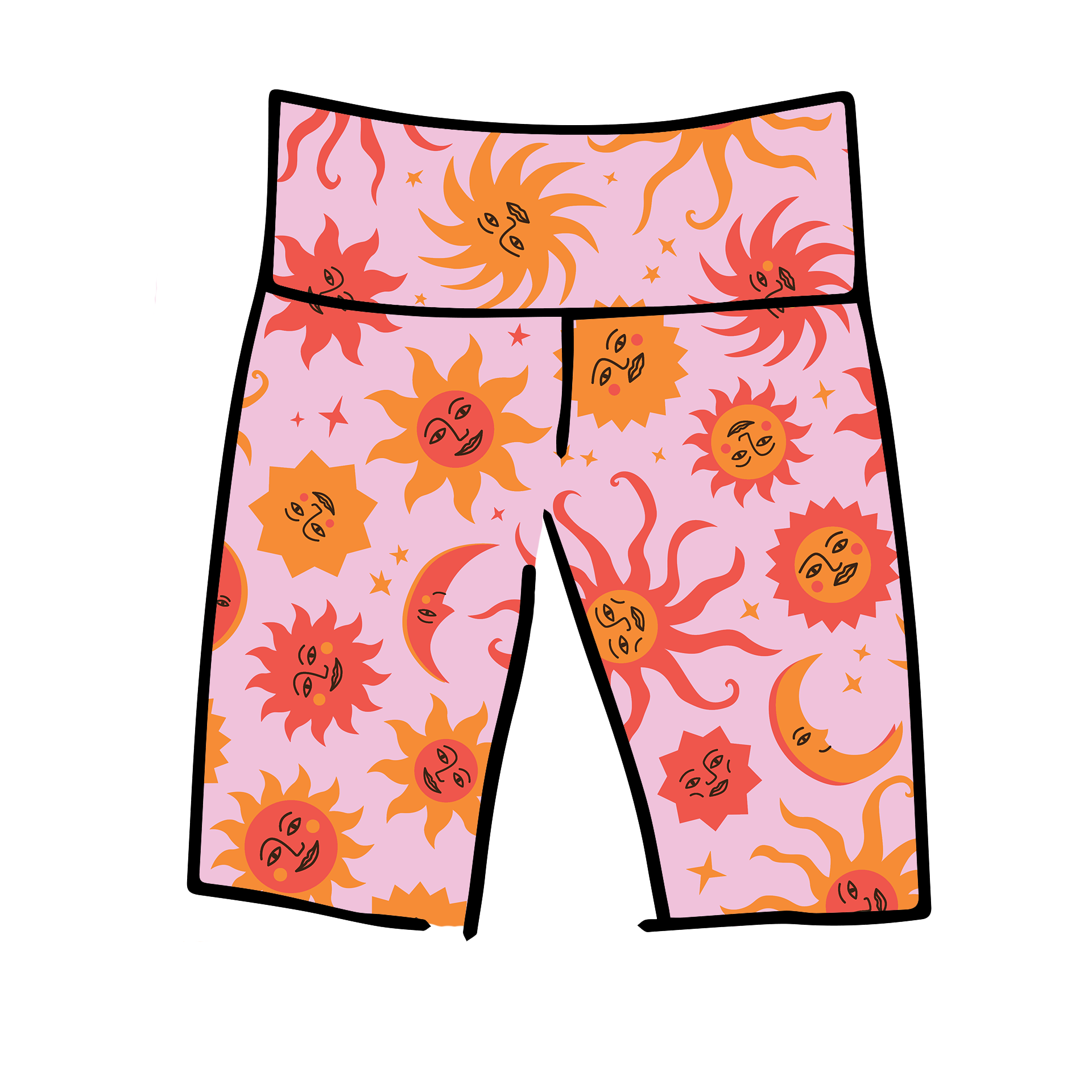 Thunderpants USA Luna y Sol high rise bike shorts with celestial sun and moon print, flat lay