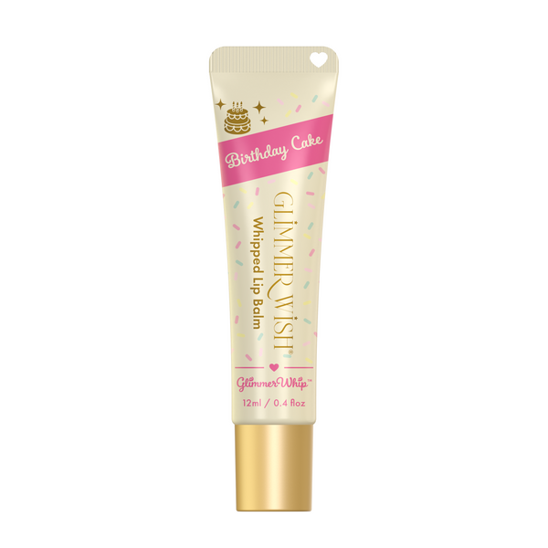 Glimmer Whip whipped lip balm in Birthday Cake shade, sugar cane tube packaging