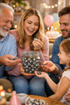 Family gathered around a table with a jar of coffee beans, celebrating a special occasion.
