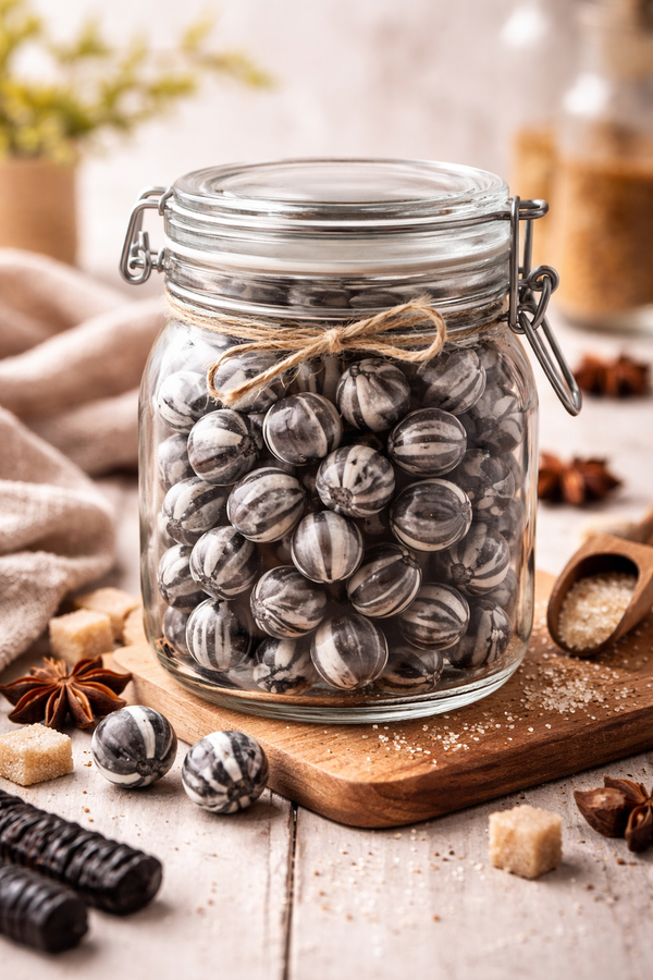 Glass jar filled with black and white marbled candies on a wooden board.