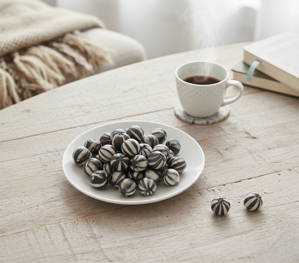 White plate with black and white striped balls on a wooden table with a cup of coffee.