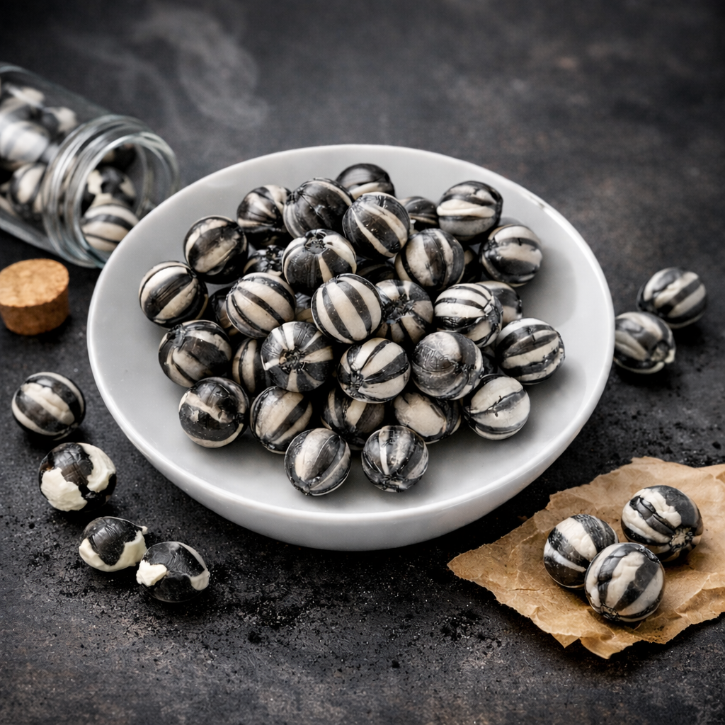 White bowl filled with black and white striped beans on a dark surface