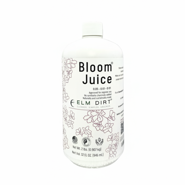 Bottle of Bloom Juice with text highlighting its benefits on a beige background