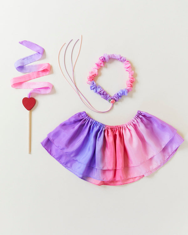 Sustainable fairy magic! This mulberry silk Blossom Dress-Up Set inspires play & doubles as a Halloween costume! Ages 3-8, eco-friendly.