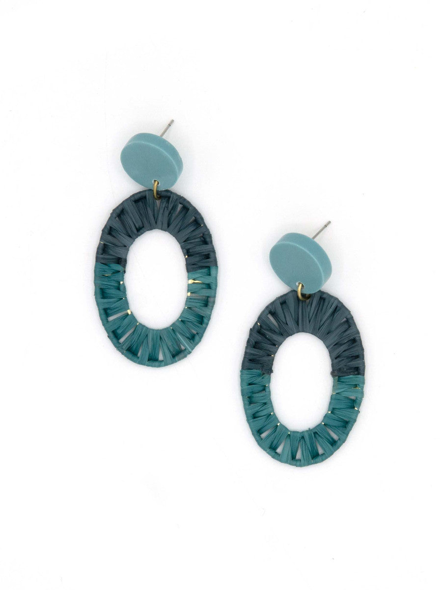 Blue raffia statement hoop earrings handcrafted by Fair Anita, made from recycled brass-plated metal, clay, and natural raffia