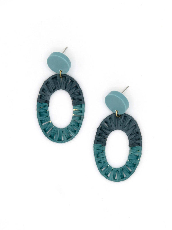 Blue raffia statement hoop earrings handcrafted by Fair Anita, made from recycled brass-plated metal, clay, and natural raffia