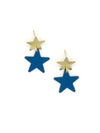 Blue star dangle stud earrings made from recycled brass by Fair Anita