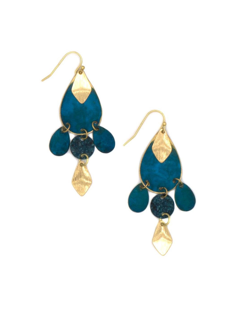 Blue and gold windchime dangle earrings handmade by Fair Anita artisans in India