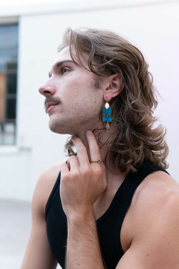 Blue Windchime Earrings styled with matching Iolite ring from Fair Anita