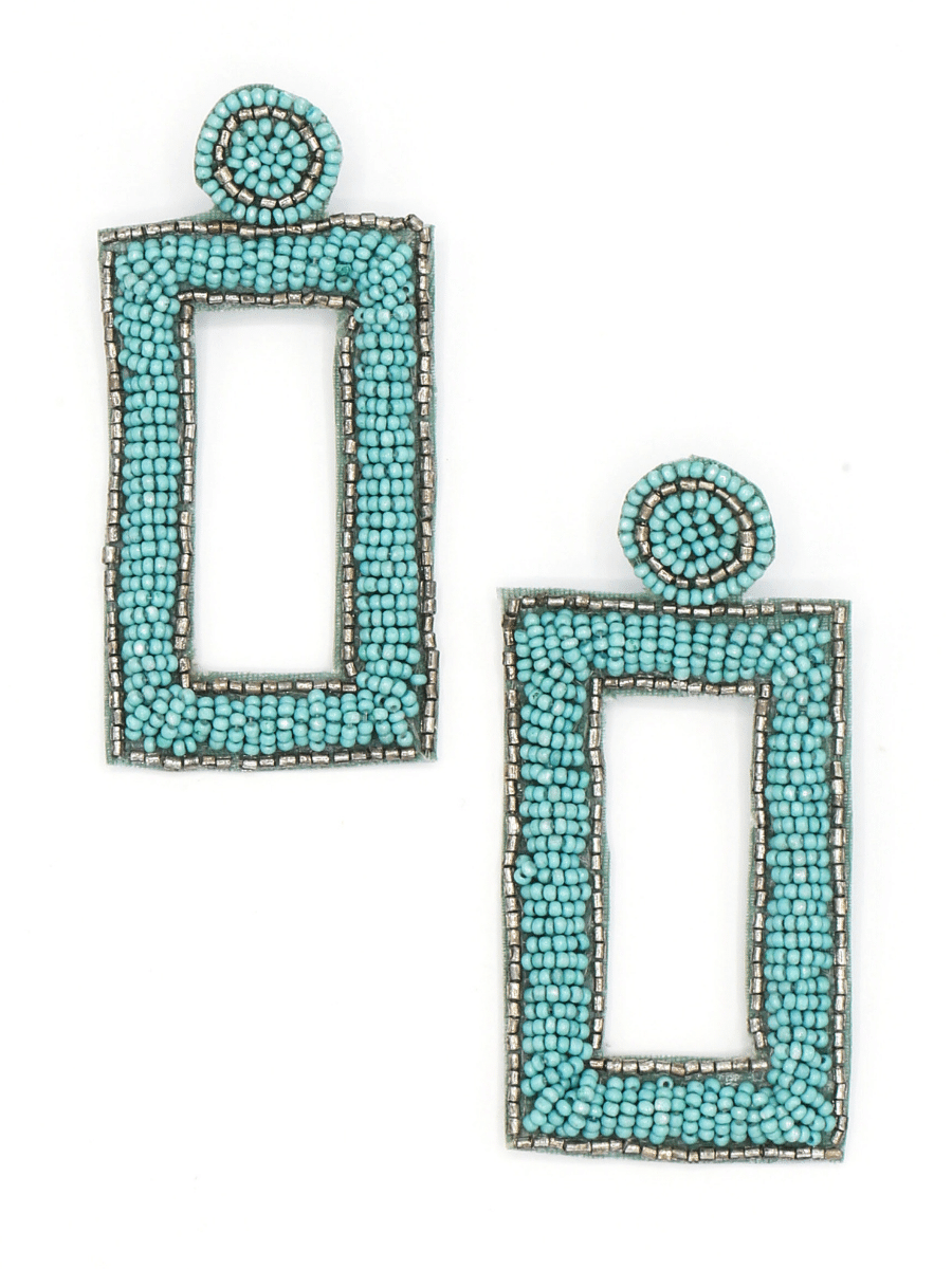 Bold turquoise beaded statement earrings by Fair Anita – oversized rectangle glass bead studs