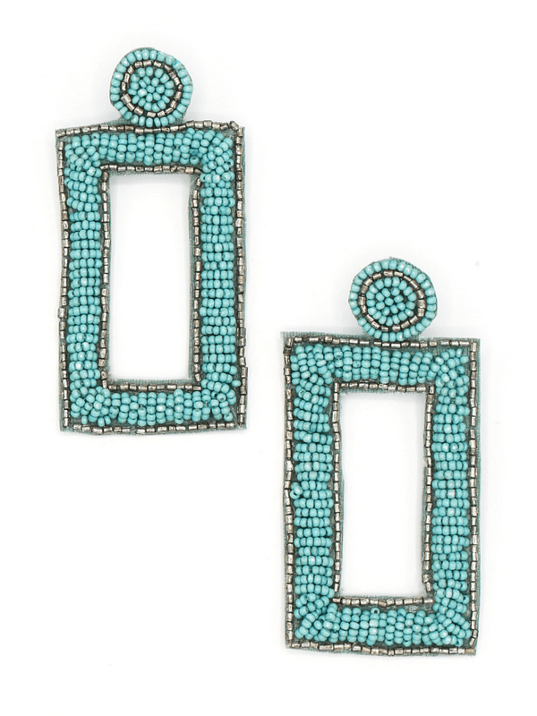 Bold turquoise beaded statement earrings by Fair Anita – oversized rectangle glass bead studs