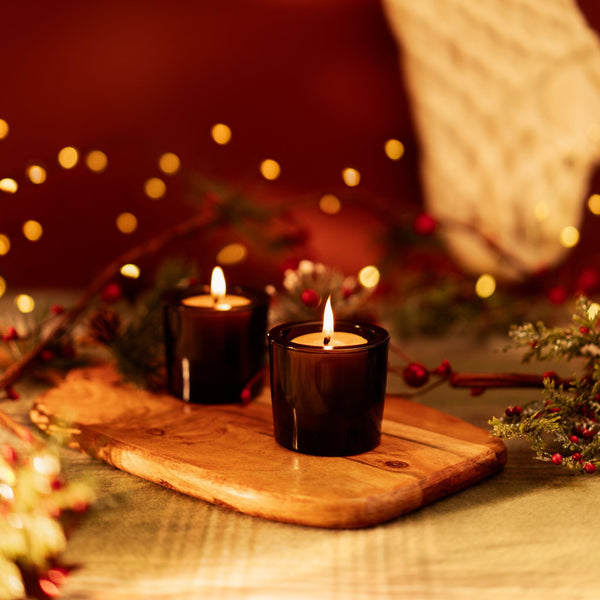 Bluecorn beeswax votive candles used as Christmas and holiday table decorations