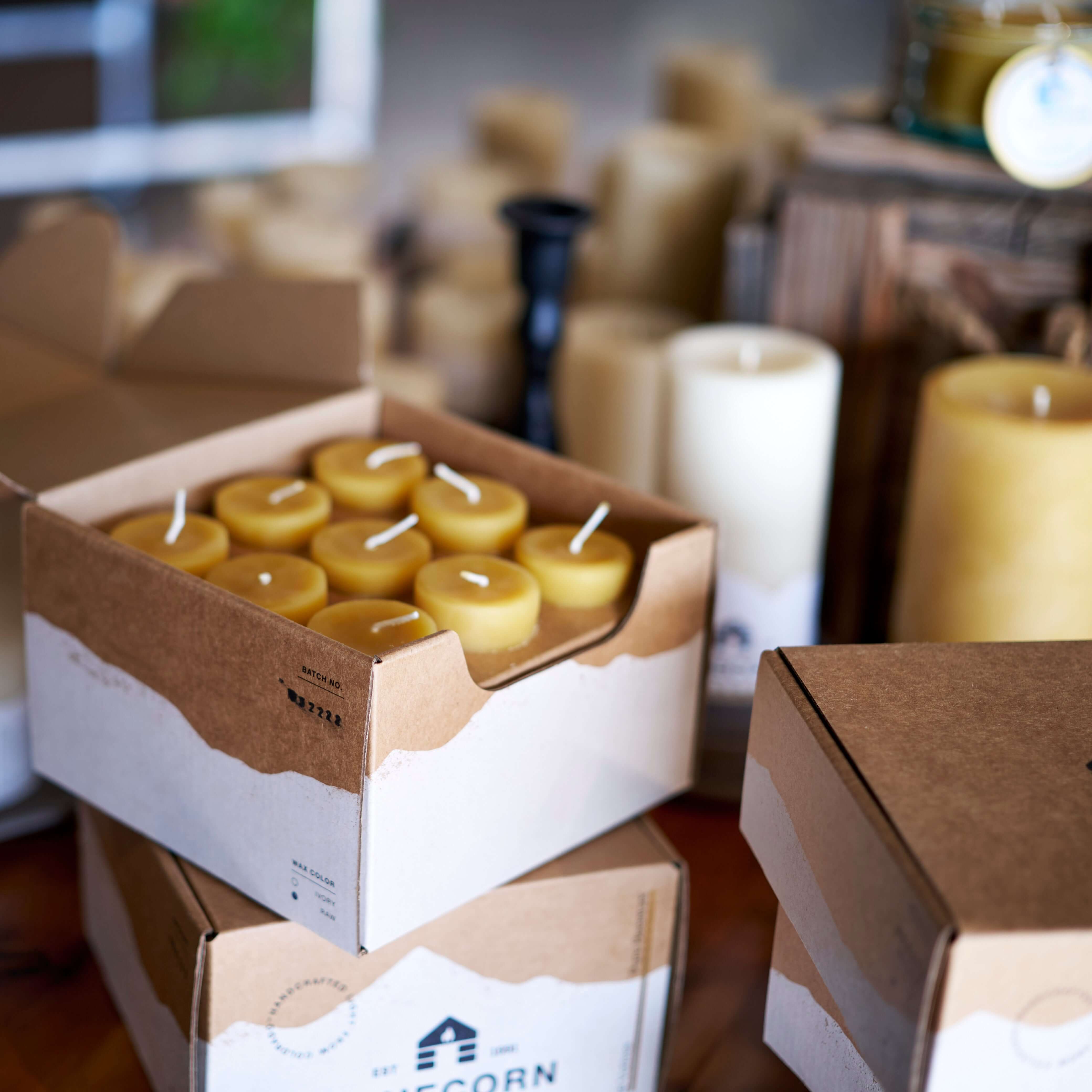 Bluecorn beeswax votive candles in sustainable eco-friendly packaging