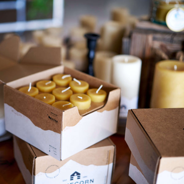 Bluecorn beeswax votive candles in sustainable eco-friendly packaging