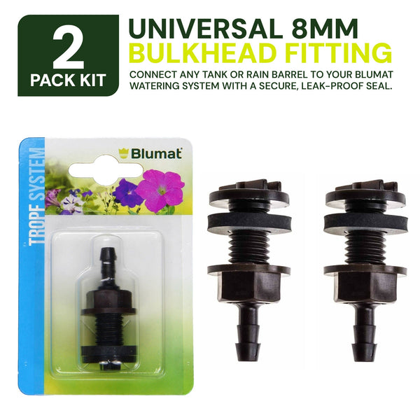 Blumat 8mm bulkhead fitting 2-pack shown with packaging detail