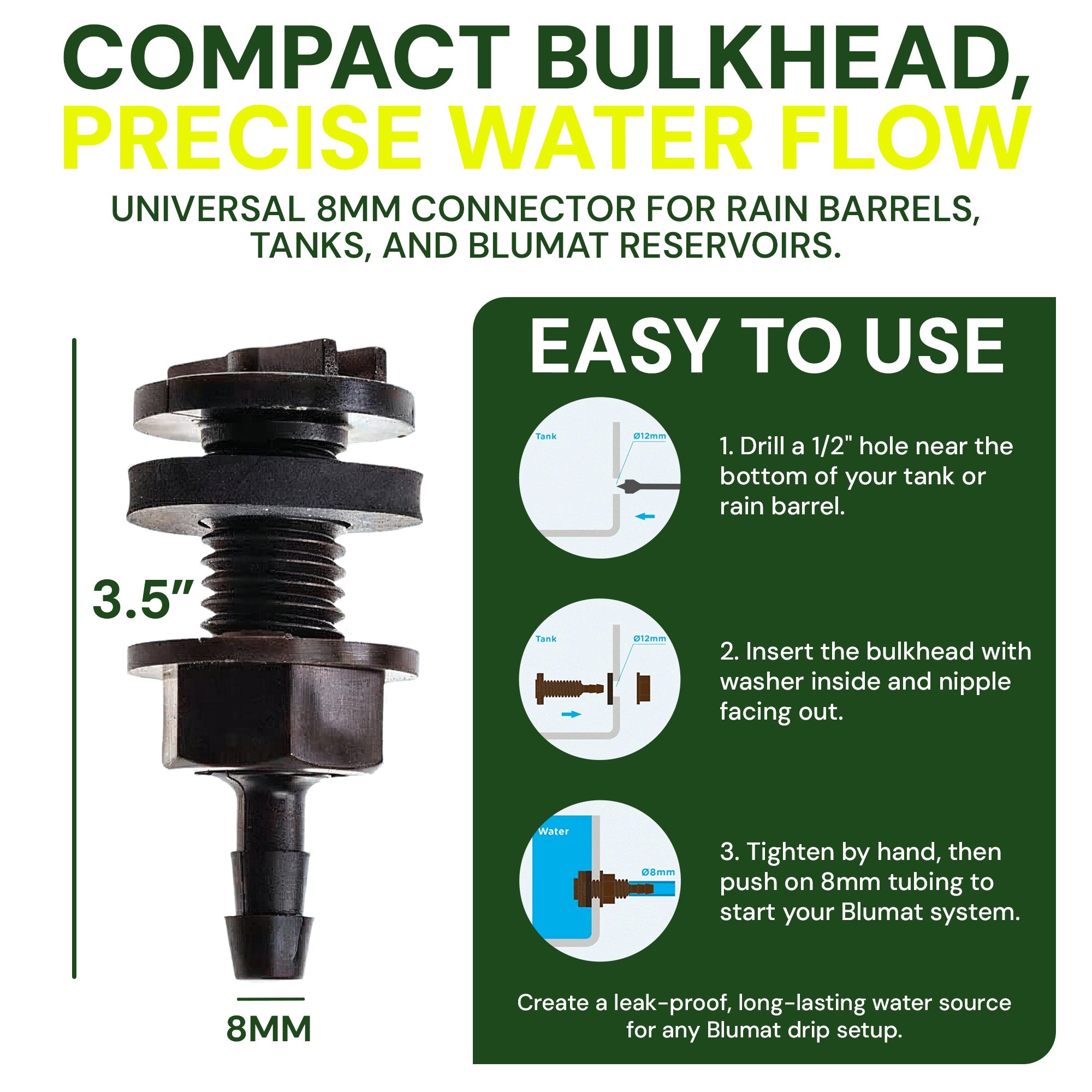 Blumat bulkhead fitting installed on a reservoir for 8mm drip irrigation water supply line