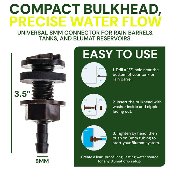 Blumat bulkhead fitting installed on a reservoir for 8mm drip irrigation water supply line
