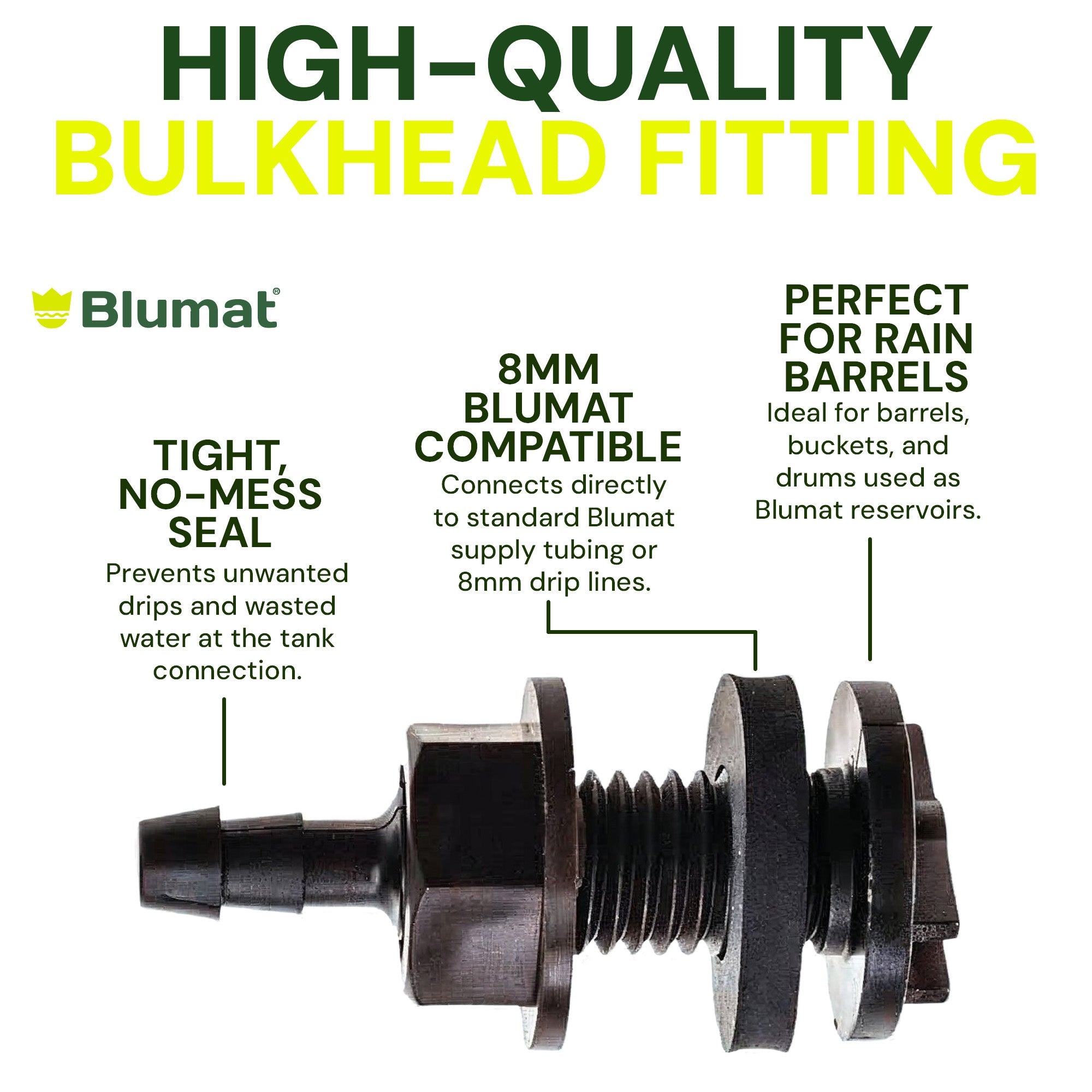Blumat high-quality bulkhead fitting with features highlighted on a white background