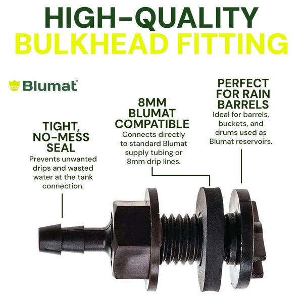 Blumat high-quality bulkhead fitting with features highlighted on a white background