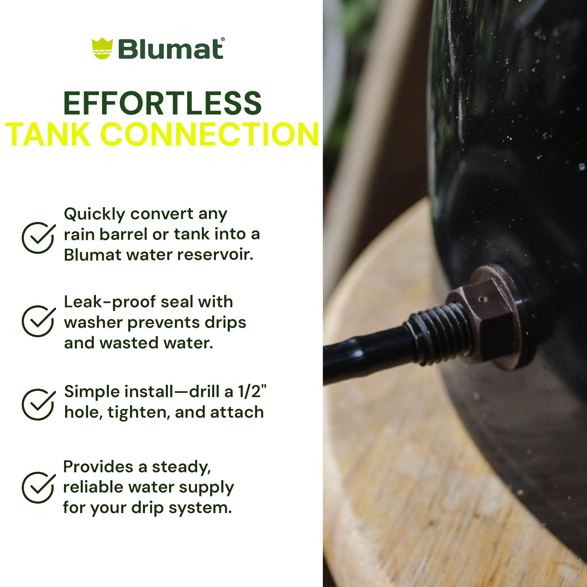 Blumat effortless tank connection system with text detailing its features.