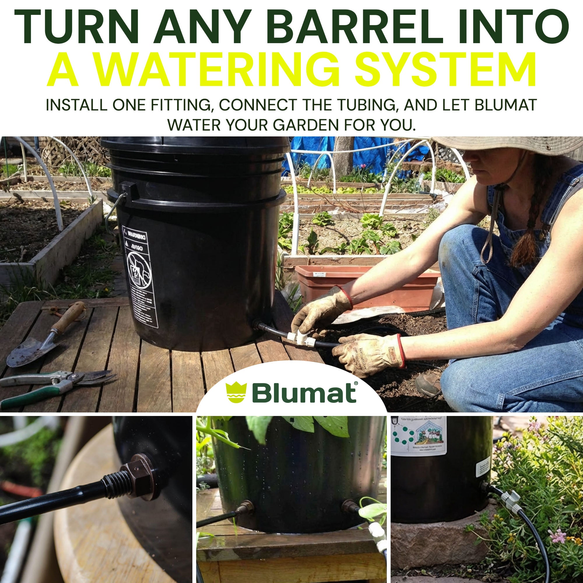 Blumat product advertisement showing how to turn a barrel into a watering system with text and images of a person using it.