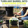 Blumat product advertisement showing how to turn a barrel into a watering system with text and images of a person using it.