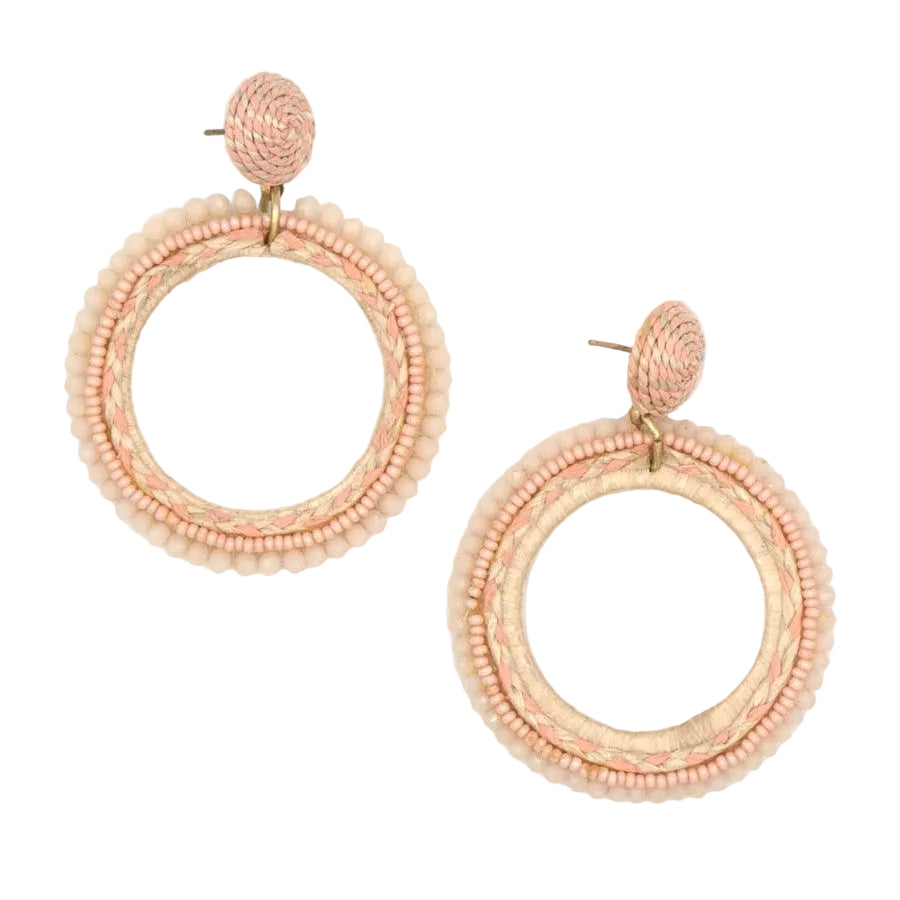 Blush beaded loop earrings handmade with woven cord, sparkly beads and thread by Fair Anita
