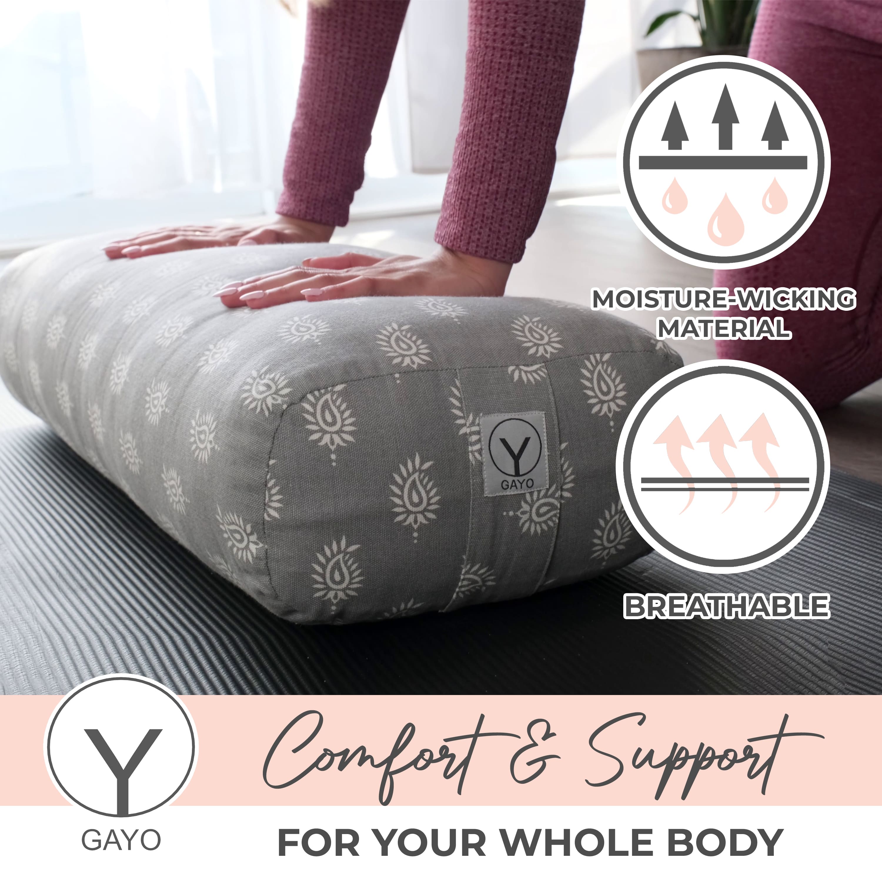 Yoga bolster with moisture-wicking material and breathable properties, featuring the GAYO brand.