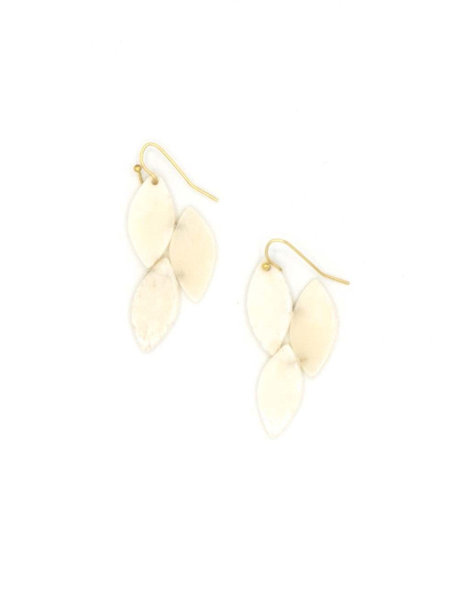 Fair Anita Bone Leaf Earrings made from upcycled bone and brass-plated recycled metal, handcrafted by women in India