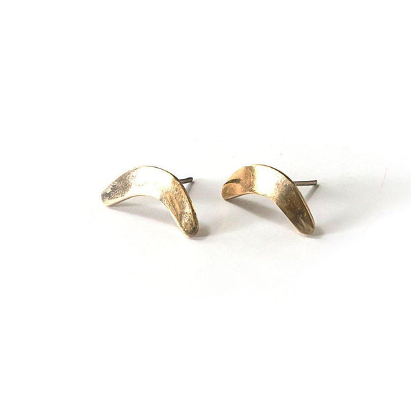 Fair Anita boomerang stud earrings styled and worn, showing size and fit