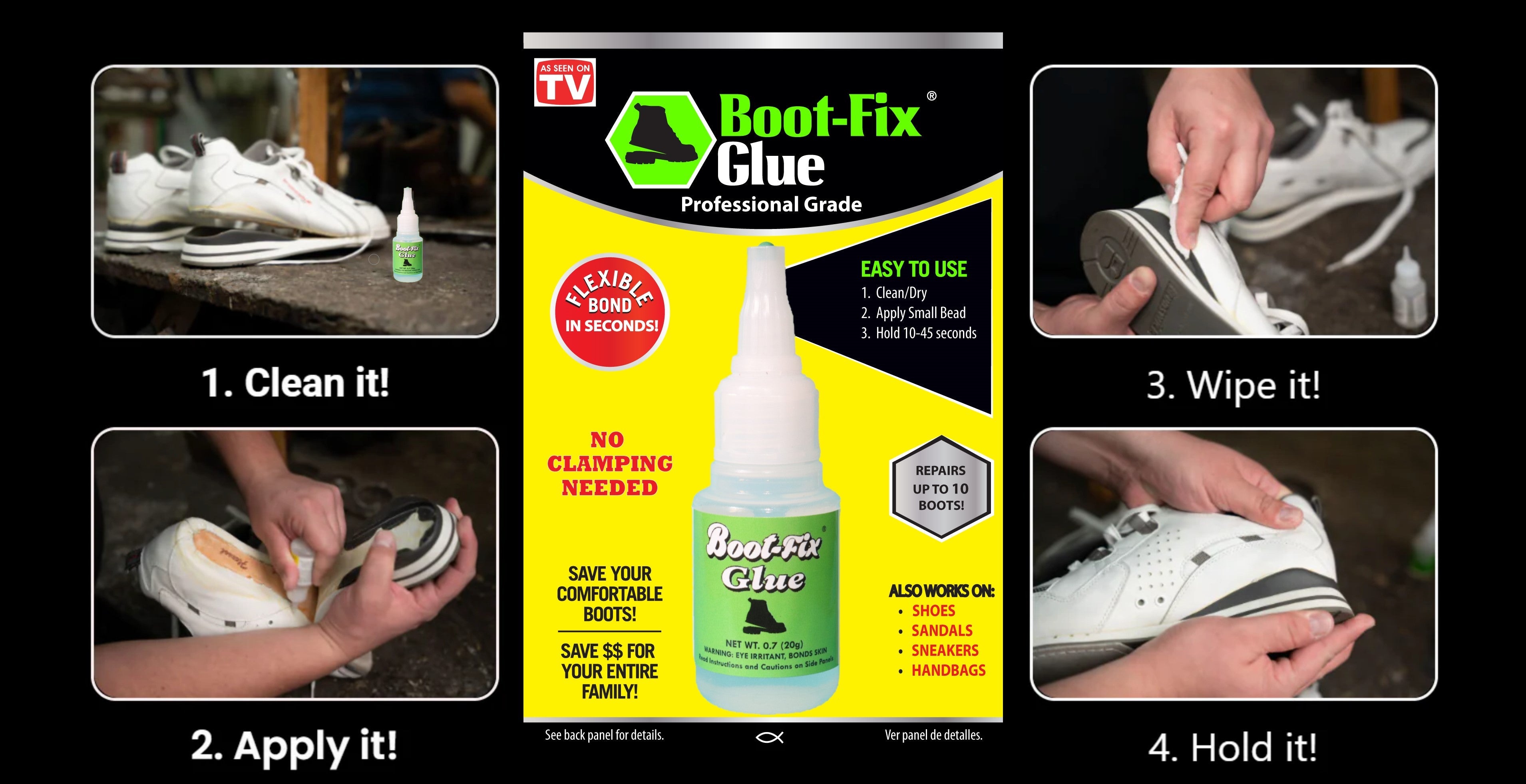 Boot-Fix Shoe Glue four-step sole repair instructions visual guide