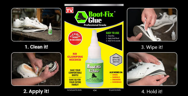 Boot-Fix Shoe Glue four-step sole repair instructions visual guide