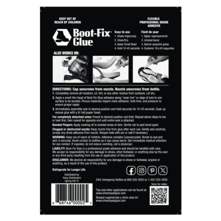 Back label of Boot-Fix Glue BLACK showing usage directions