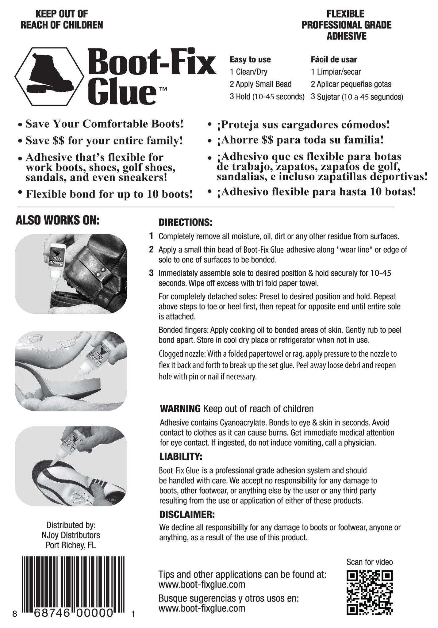 Boot-Fix Shoe Glue back of packaging showing directions and features for sole repair