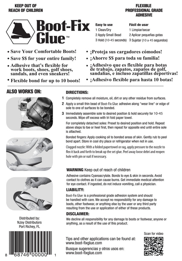 Boot-Fix Shoe Glue back of packaging showing directions and features for sole repair