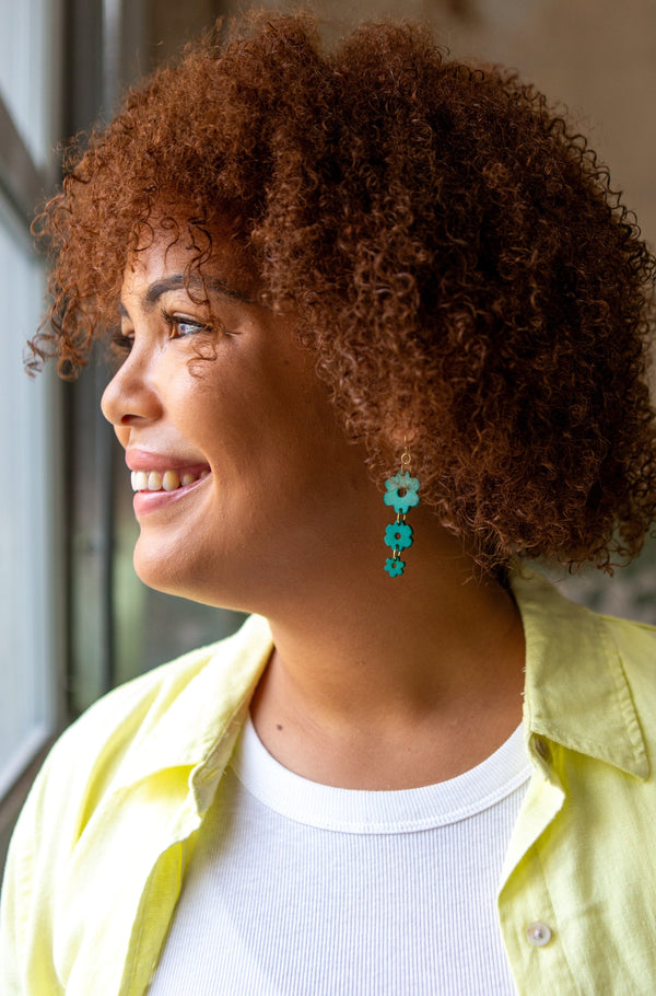 Close-up of Fair Anita Bouquet Bone Earrings showing vibrant colour and handcrafted detail