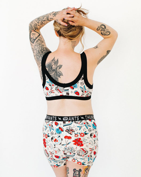 Model wearing the Thunderpants USA Inked Up Bralette in a size Medium