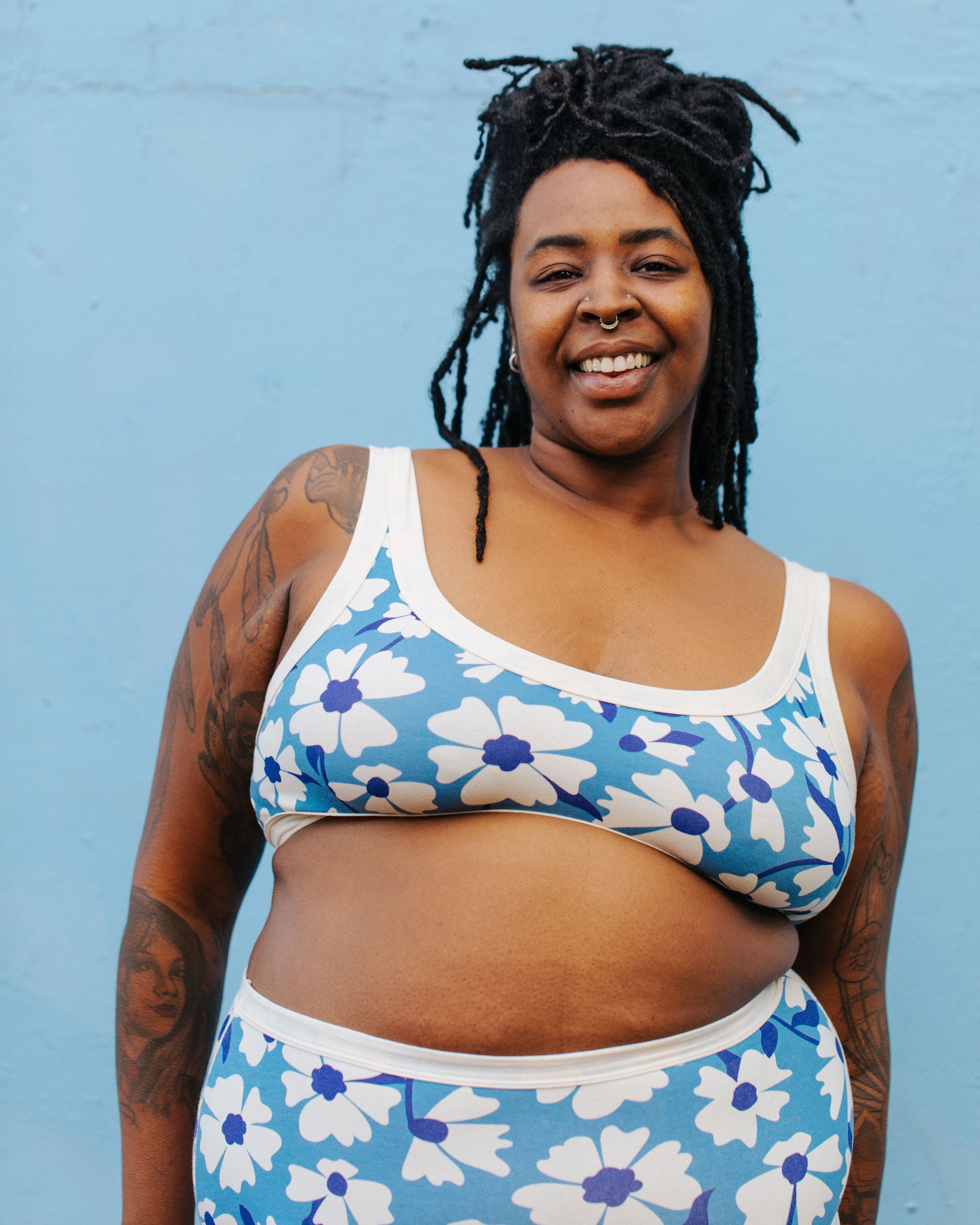 Close-up detail of Moody Blooms floral print on Thunderpants USA Bralette