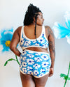 Model wearing Thunderpants USA Moody Blooms Bralette, styled for cozy season layering