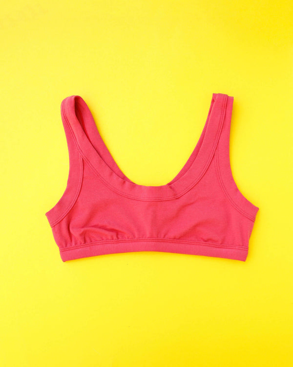 Thunderpants Pomegranate Punch Bralette front view, limited edition dusty coral wire-free bralette