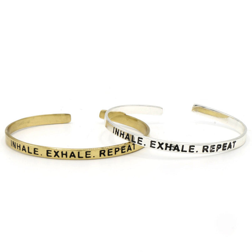 Breathe Quote Cuff bracelet with Inhale Exhale Repeat engraving, adjustable recycled metal, Fair Anita