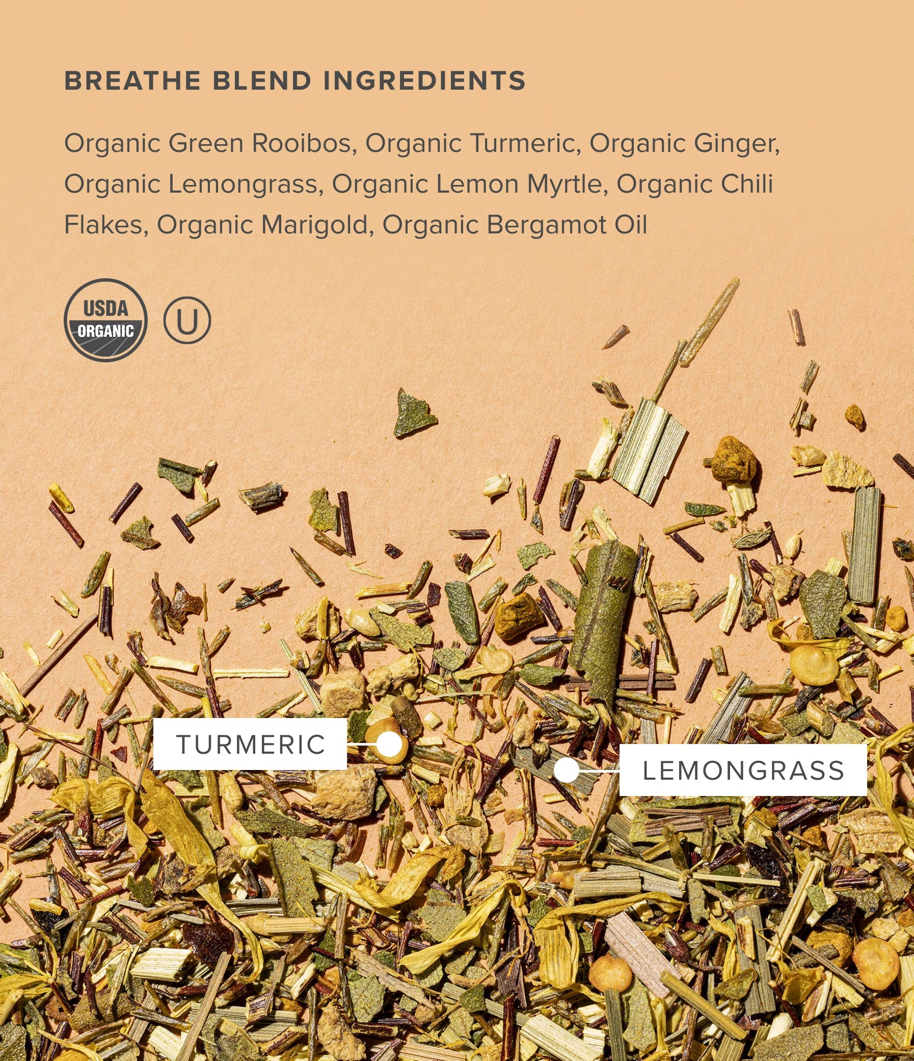 Close-up of Art of Tea Breathe loose leaf tisane showing chili flakes and citrus botanicals