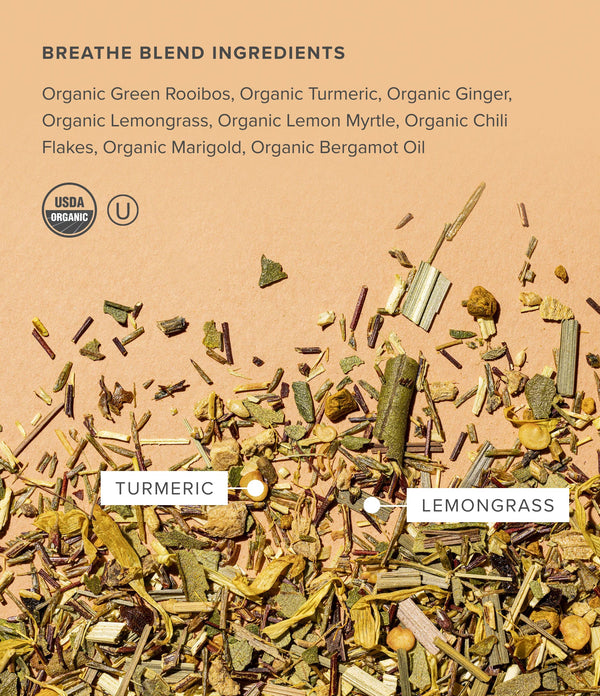 Close-up of Art of Tea Breathe loose leaf tisane showing chili flakes and citrus botanicals