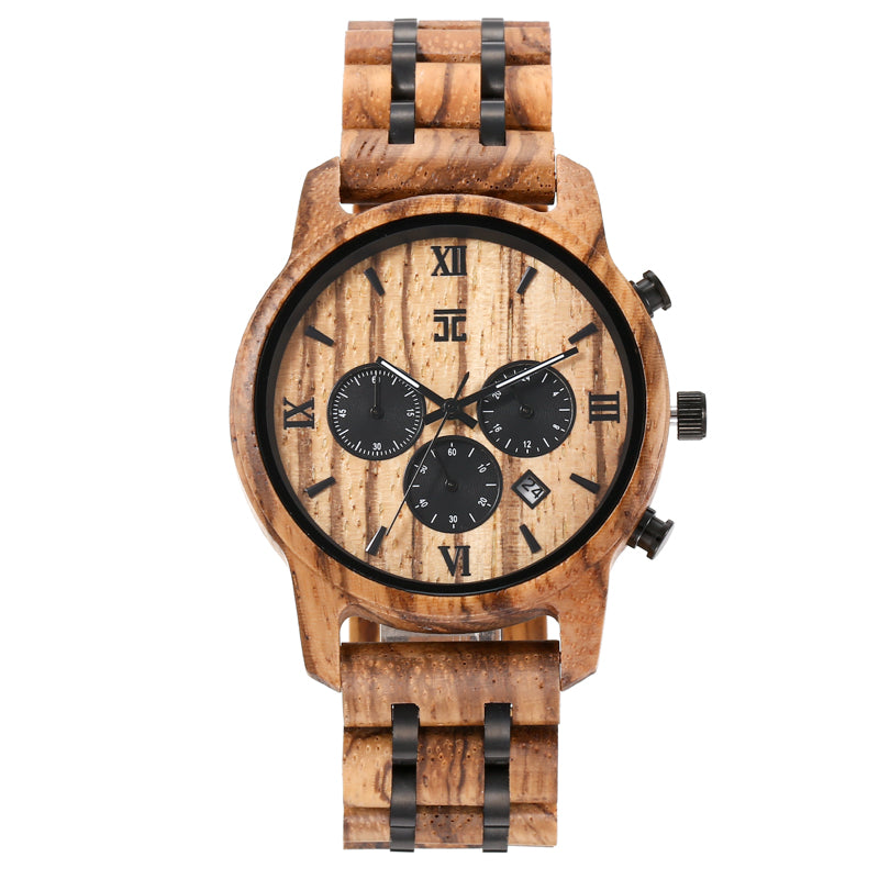 Wooden watch with black face and details on a white background