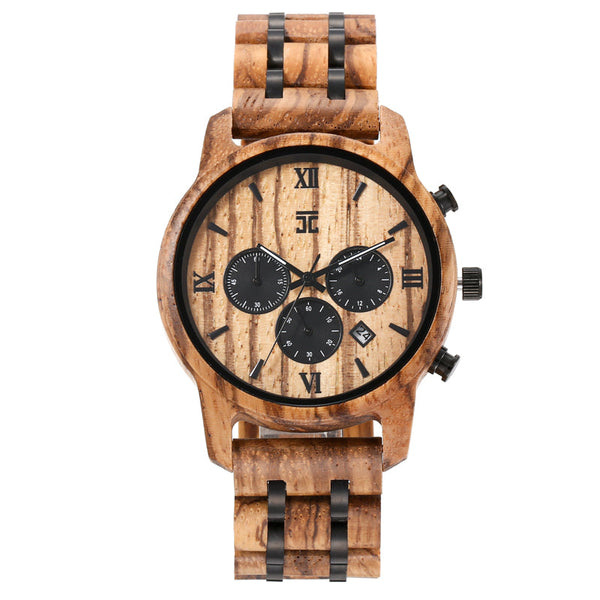 Wooden watch with black face and details on a white background