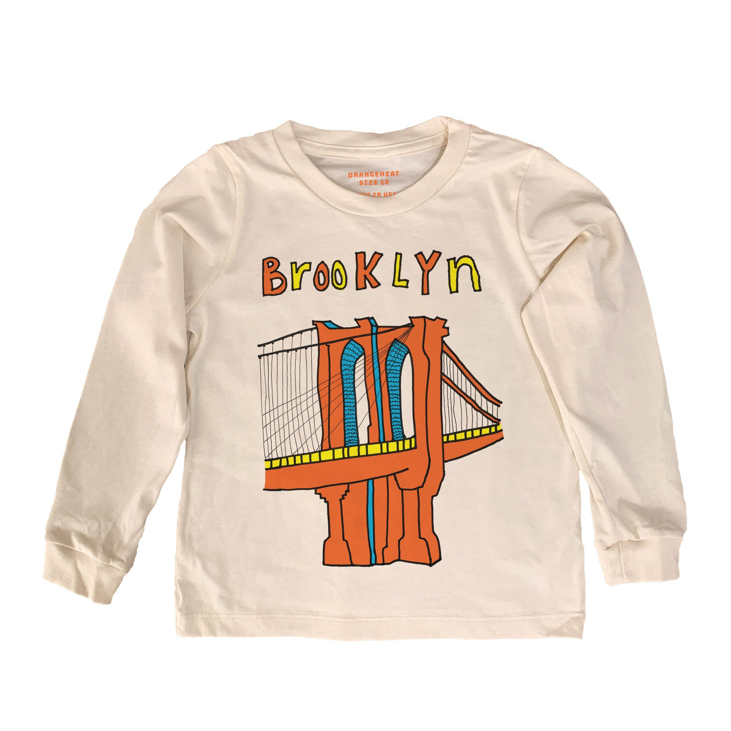 Long-sleeve shirt with a graphic of the Brooklyn Bridge and 'Brooklyn' text on a beige background