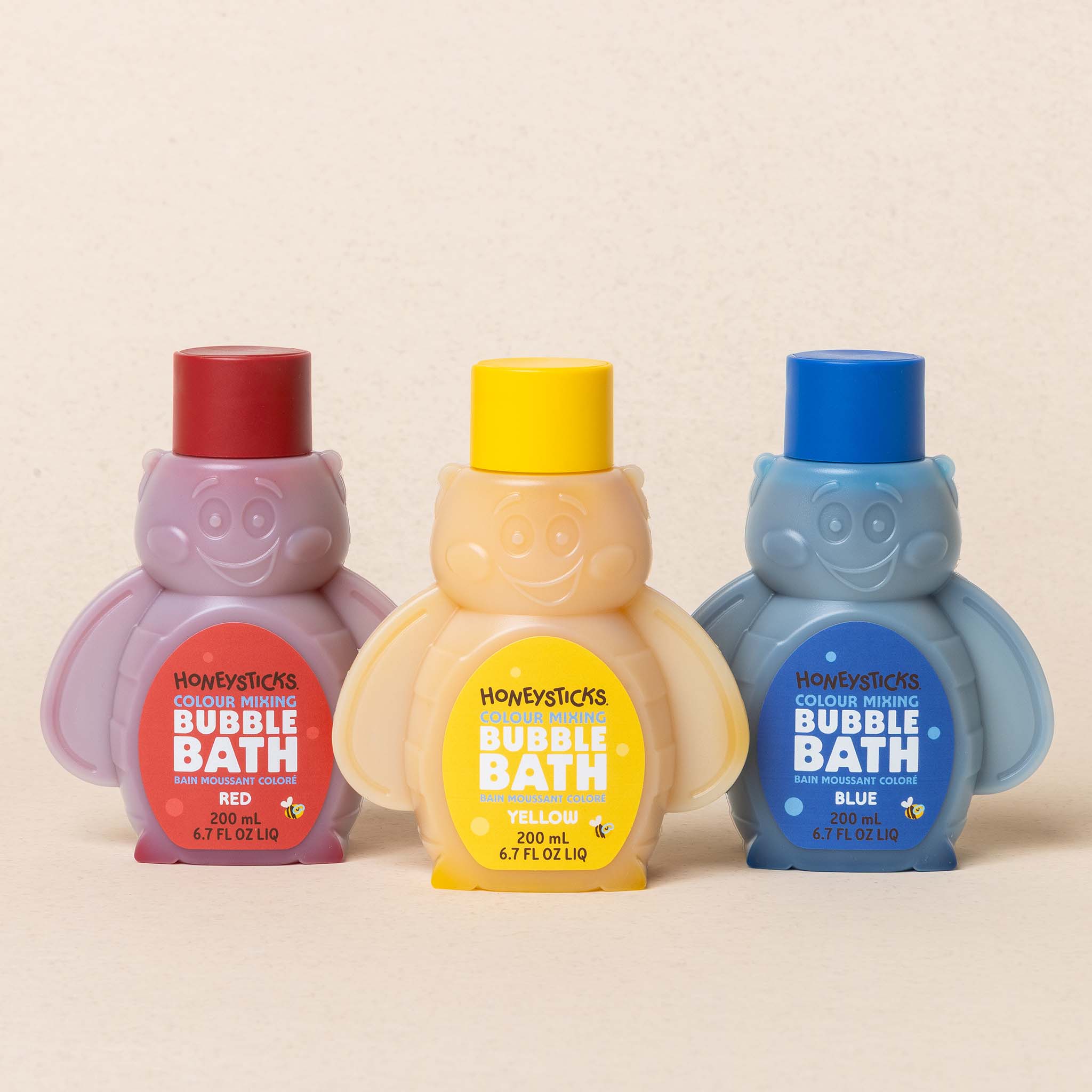 Honeysticks 200ml color mixing bubble bath bottle in bee shape made from reclaimed plastic for kids aged 1 and up