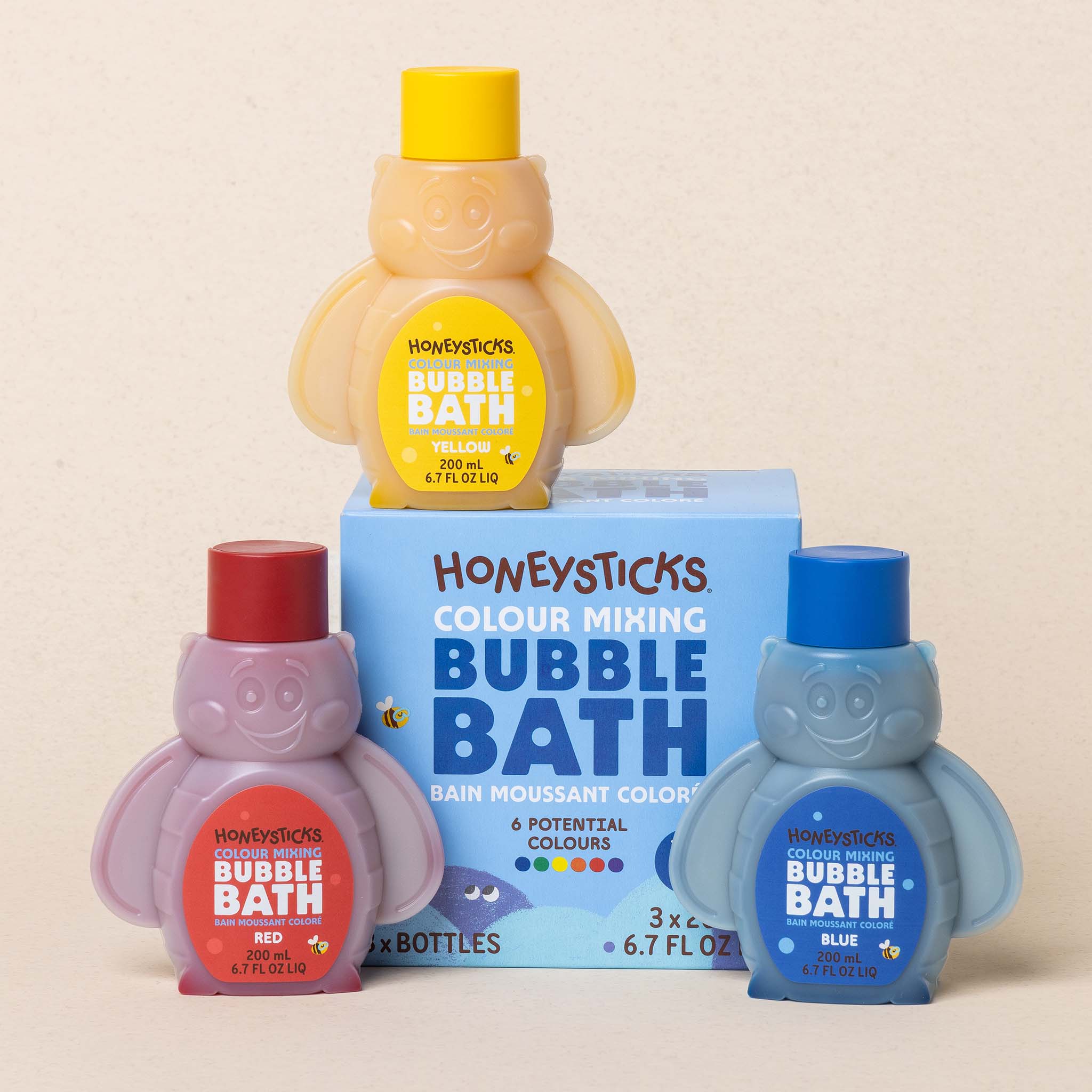 Honeysticks Color Mixing Bubble Bath 3-pack — natural, SLS-free formula in eco-friendly bee-shaped bottles