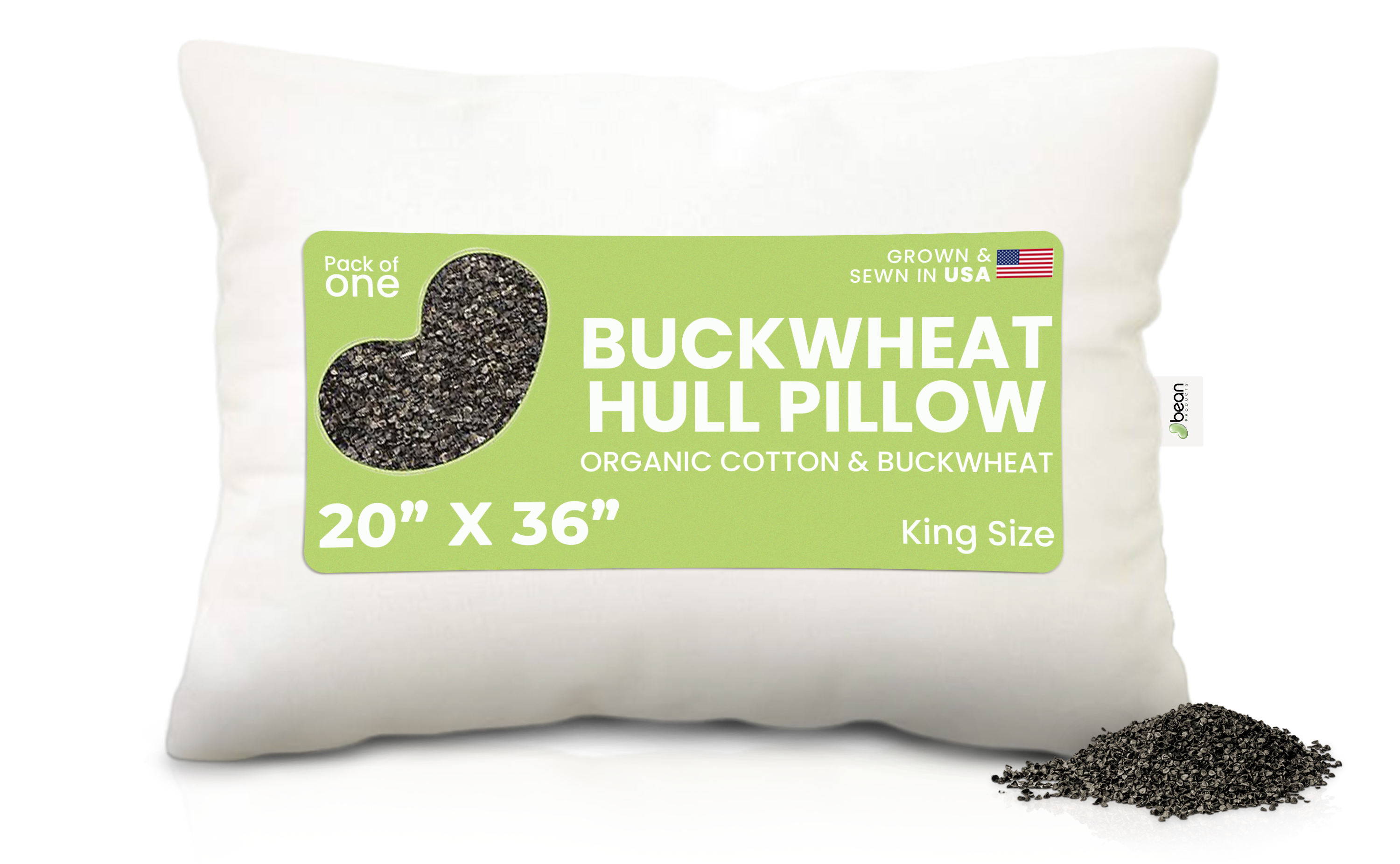 Buckwheat hull pillow with a label on a white background
